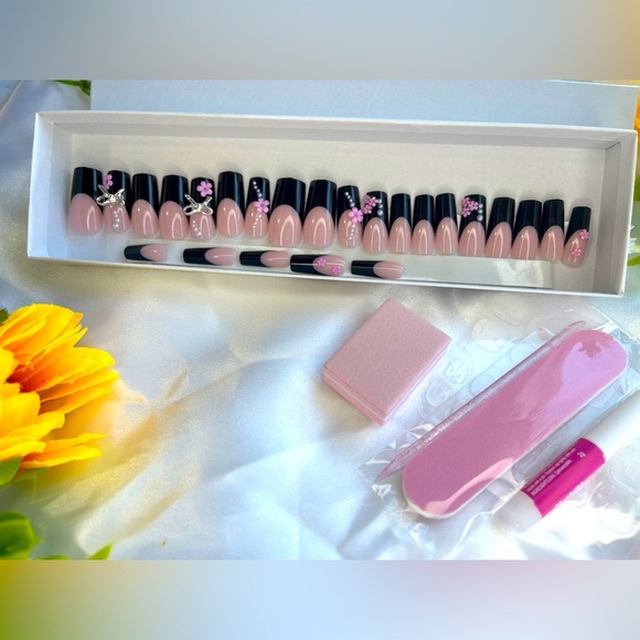 Other - Chic Black French Tip Press-On Nails with Floral and Bow Accents